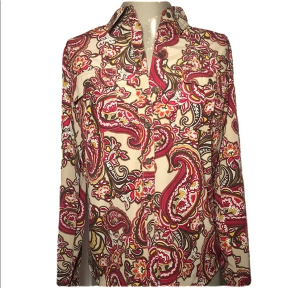 croft & barrow Tops - Red Brown Beige Multi Paisley Top